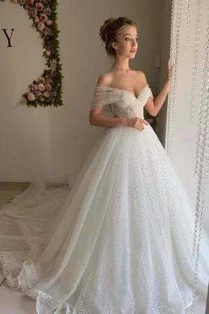 Shiny Ivory Tulle A-line Off Shoulder Wedding Dresses, Bridal Gowns, MW849