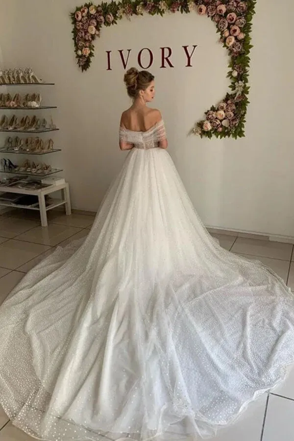 Shiny Ivory Tulle A-line Off Shoulder Wedding Dresses, Bridal Gowns, MW849