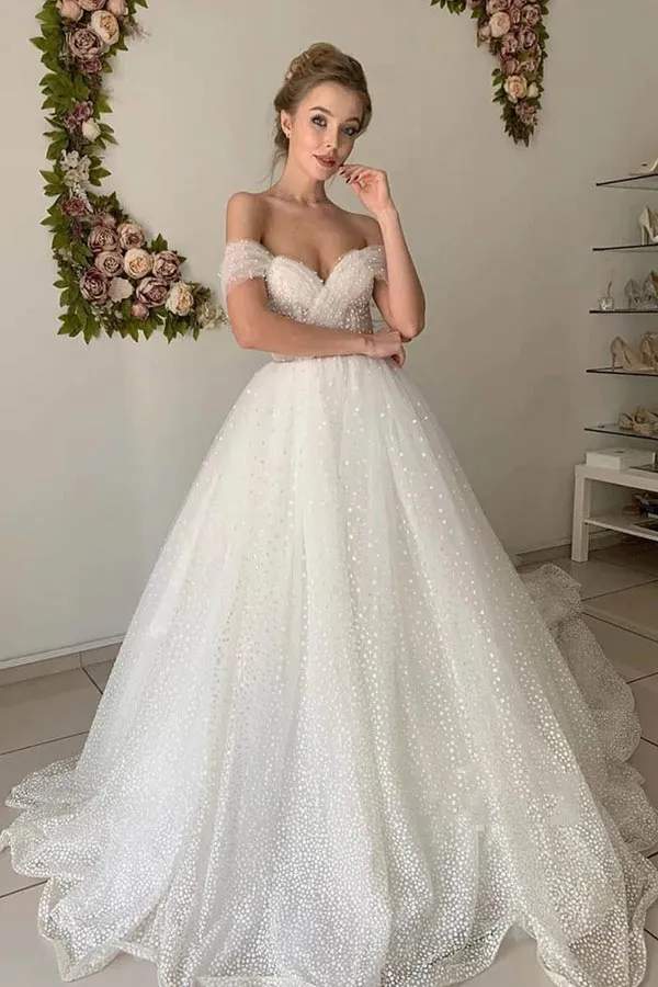 Shiny Ivory Tulle A-line Off Shoulder Wedding Dresses, Bridal Gowns, MW849