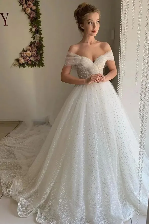 Shiny Ivory Tulle A-line Off Shoulder Wedding Dresses, Bridal Gowns, MW849