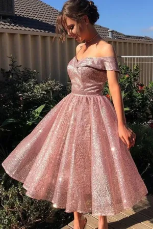 Shiny Off Shoulder Pink Short Prom Dress, Pink Formal Graduation Homecoming Dress