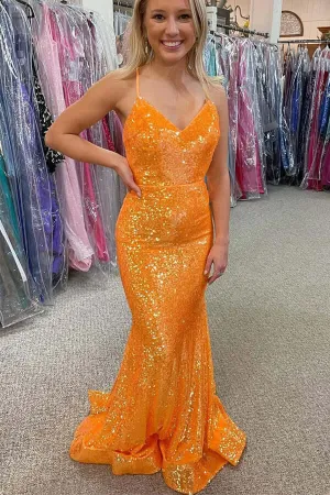 Shiny Orange Sequins Mermaid V-neck Prom dresses, Long Formal Dress, SP951