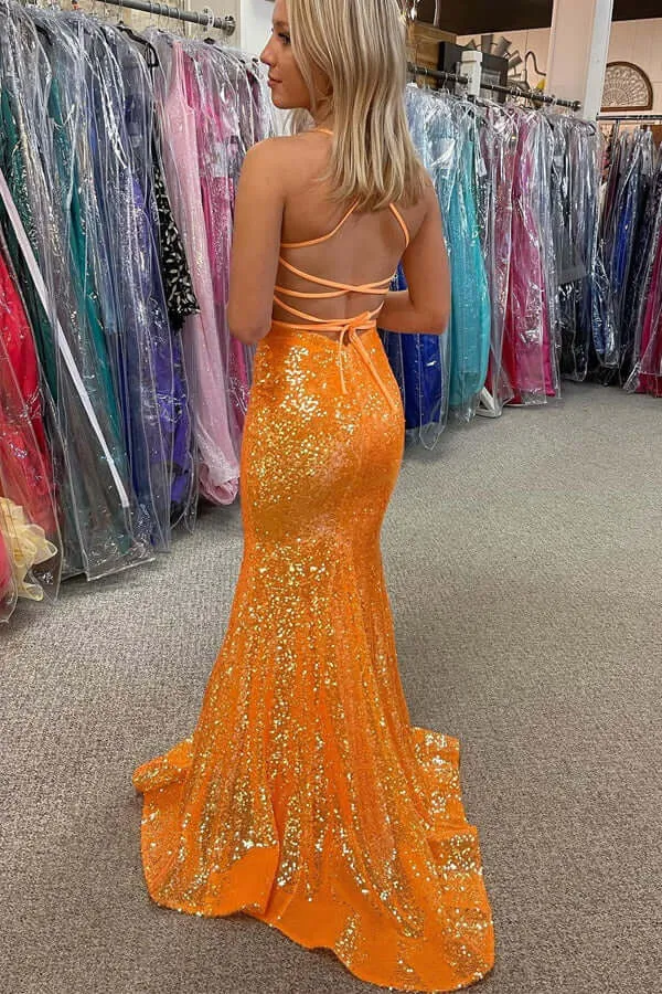 Shiny Orange Sequins Mermaid V-neck Prom dresses, Long Formal Dress, SP951