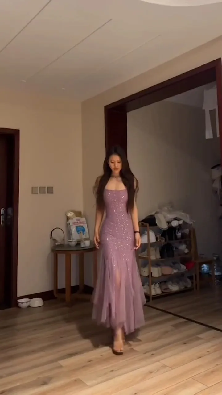 Shiny Spaghetti Strap Sleeveless Mermaid Tulle Evening Prom Dresses Online, OLP974