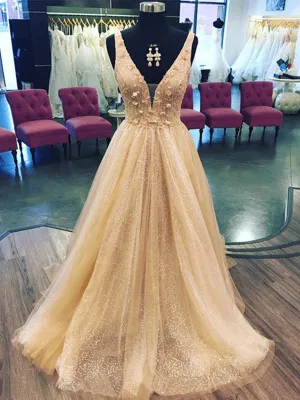 Shiny V Neck Champagne Floral Long Prom, Champagne 3D Flowers Formal Evening