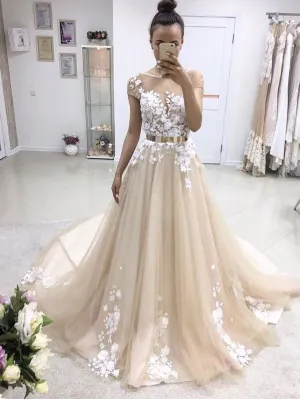 Short Sleeve Illusion Lace A-line Cheap Wedding Dresses Online, WDY0216