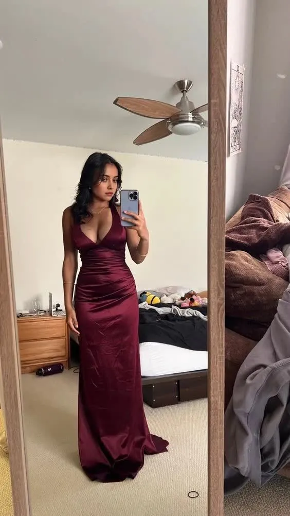 Simple Burgundy V Neck Long Party Dress Formal Prom Dress      fg6917