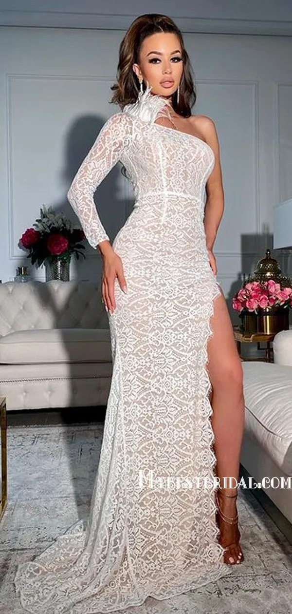 Simple One-shoulder Side Slit Mermaid Lace Long Prom Dresses, PDS0175