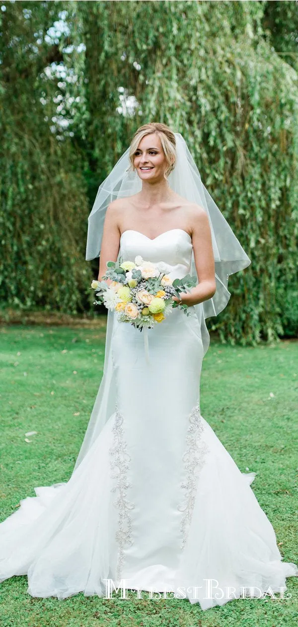 Simple Sweetheart Long Cheap Satin Wedding Dresses With Applique, TYP0016