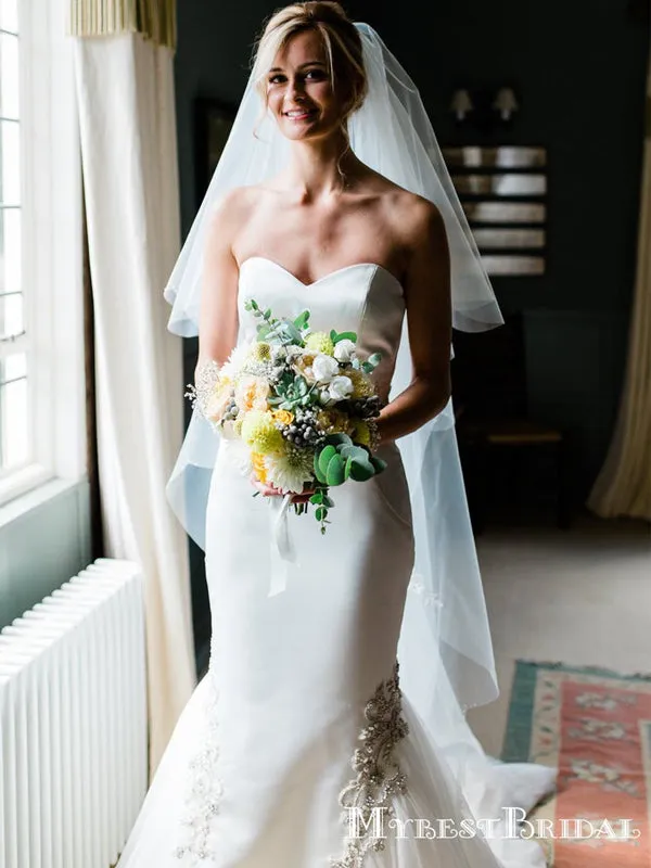 Simple Sweetheart Long Cheap Satin Wedding Dresses With Applique, TYP0016
