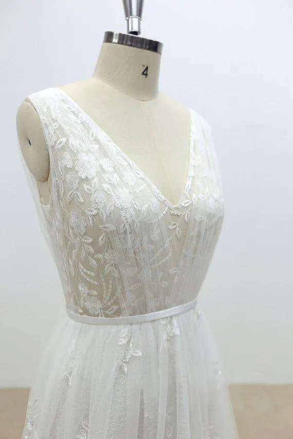Simple V Neck Lace Cheap A-line Wedding Dresses Online, WD371