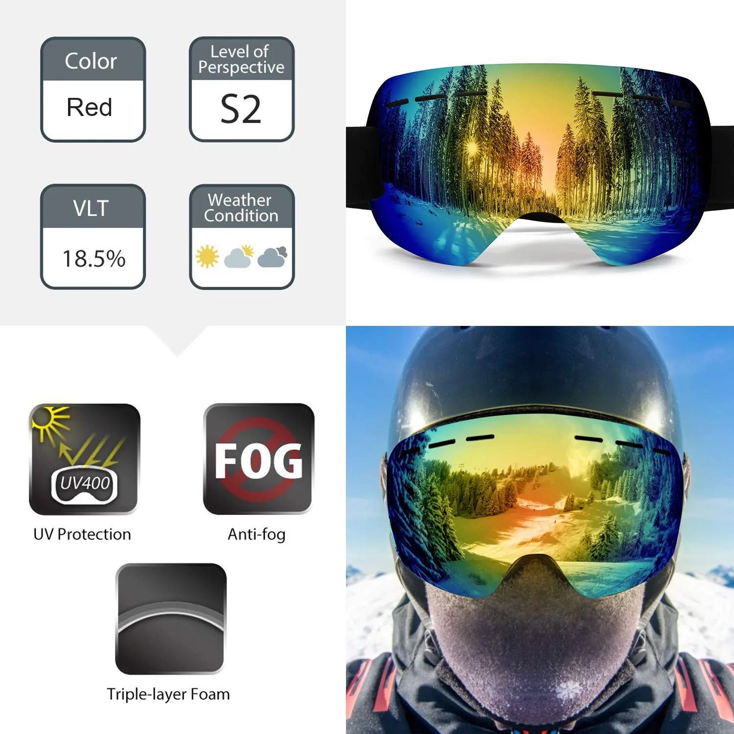 Ski Goggles Anti-Fog UV Protection Frameless