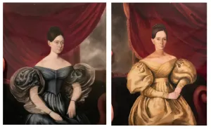 SOLD Pair of Hand Painted Porcelain Miniature Portrait Plaques of Women, Mid 1830s
