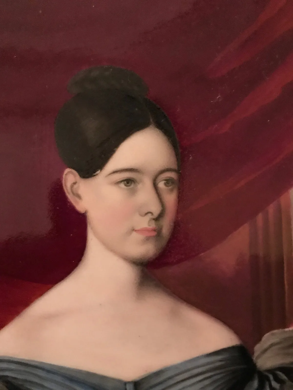 SOLD Pair of Hand Painted Porcelain Miniature Portrait Plaques of Women, Mid 1830s