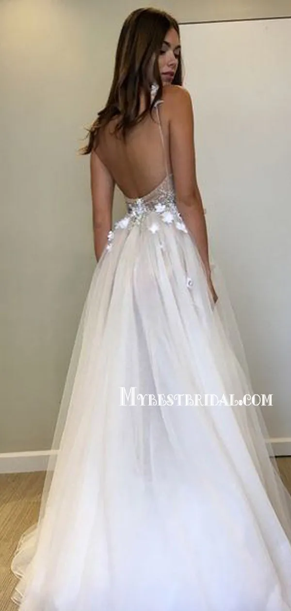 Spaghetti Straps A-line Tulle Open Back Charming Wedding Gown,WDS0117