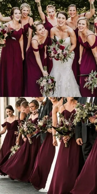 Spaghetti Straps Cheap Chiffon Off Shoulder Dark Burgundy Bridesmaid Dresses ,WG383