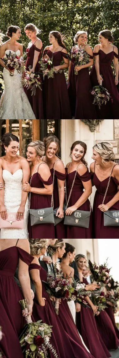 Spaghetti Straps Cheap Chiffon Off Shoulder Dark Burgundy Bridesmaid Dresses ,WG383