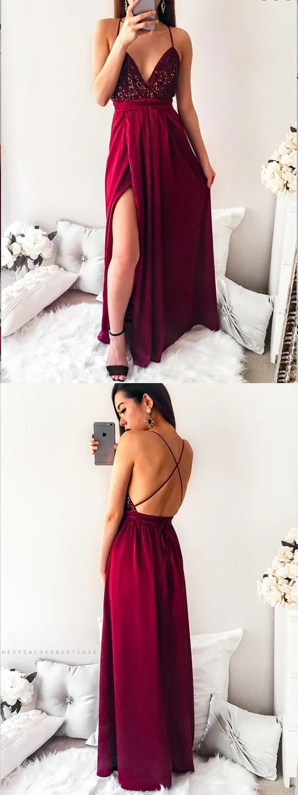 Spaghetti Straps Dark Red Long Prom Party Dress With Sequins,Cheap Prom Dress,PDY0394