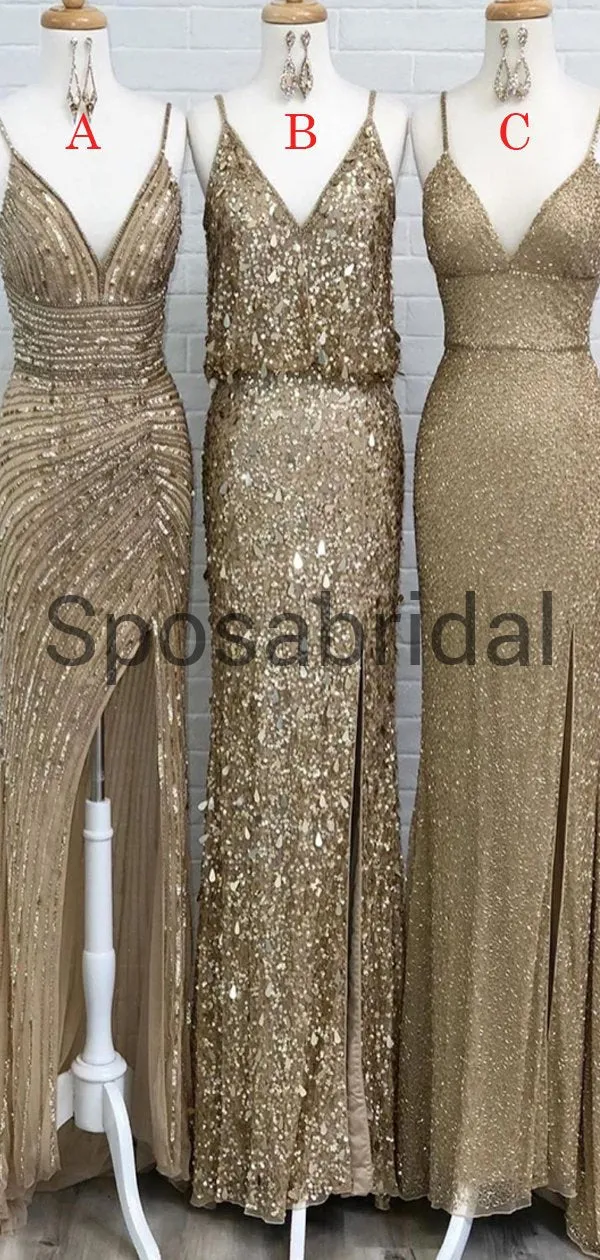 Spaghetti Straps Side Slit Shining Unqiue Modest Long Prom Dresses, Party dress PD1913