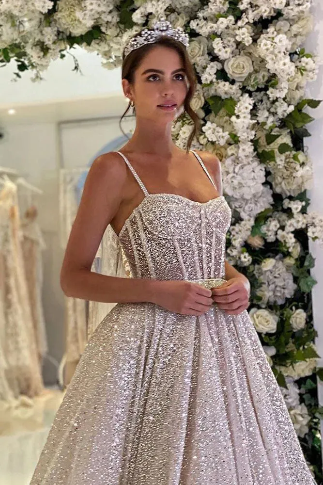 Sparkly Wedding Dress A Line Shiny Tulle Straps Beaded Long Tail Bride Gowns OKW49