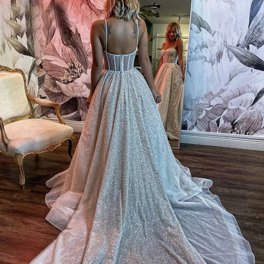 Sparkly Wedding Dress A Line Shiny Tulle Straps Beaded Long Tail Bride Gowns OKW49