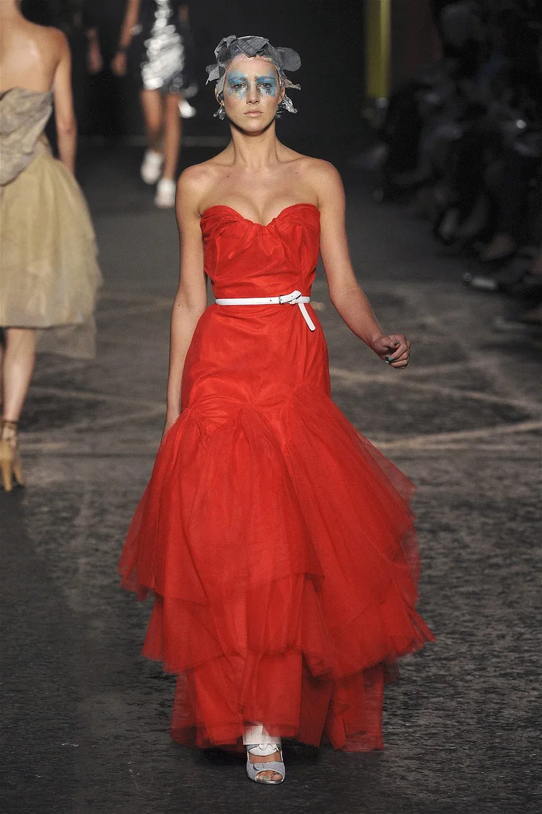 Spring 2012 Vivienne Westwood Runway Look 48 Red Silk Tulle Corset Dress w Full Netted Skirt