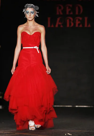 Spring 2012 Vivienne Westwood Runway Look 48 Red Silk Tulle Corset Dress w Full Netted Skirt