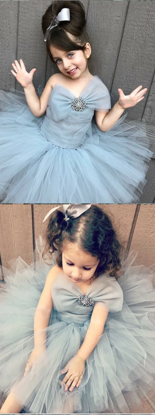 Strapless Grey Tulle Flower Girl Dress with Bowknot ,Cheap Flower Girl Dresses ,FGY0225