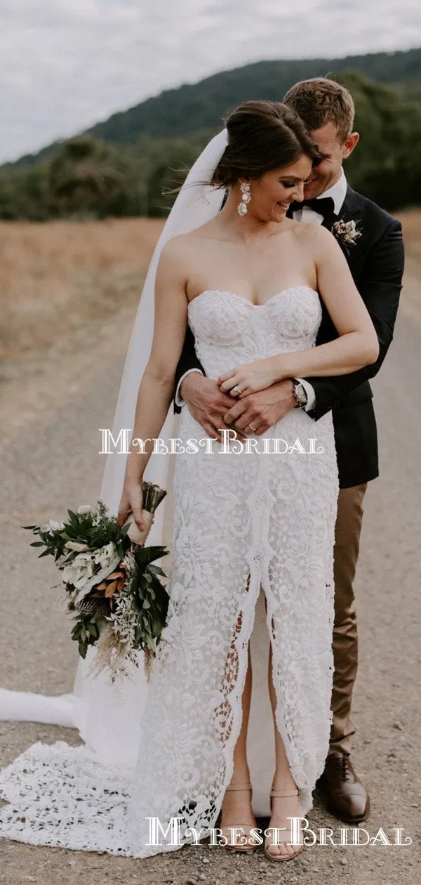 Sweetheart Charming Lace Front Slit Mermaid Long Cheap Wedding Dresses, WDS0024