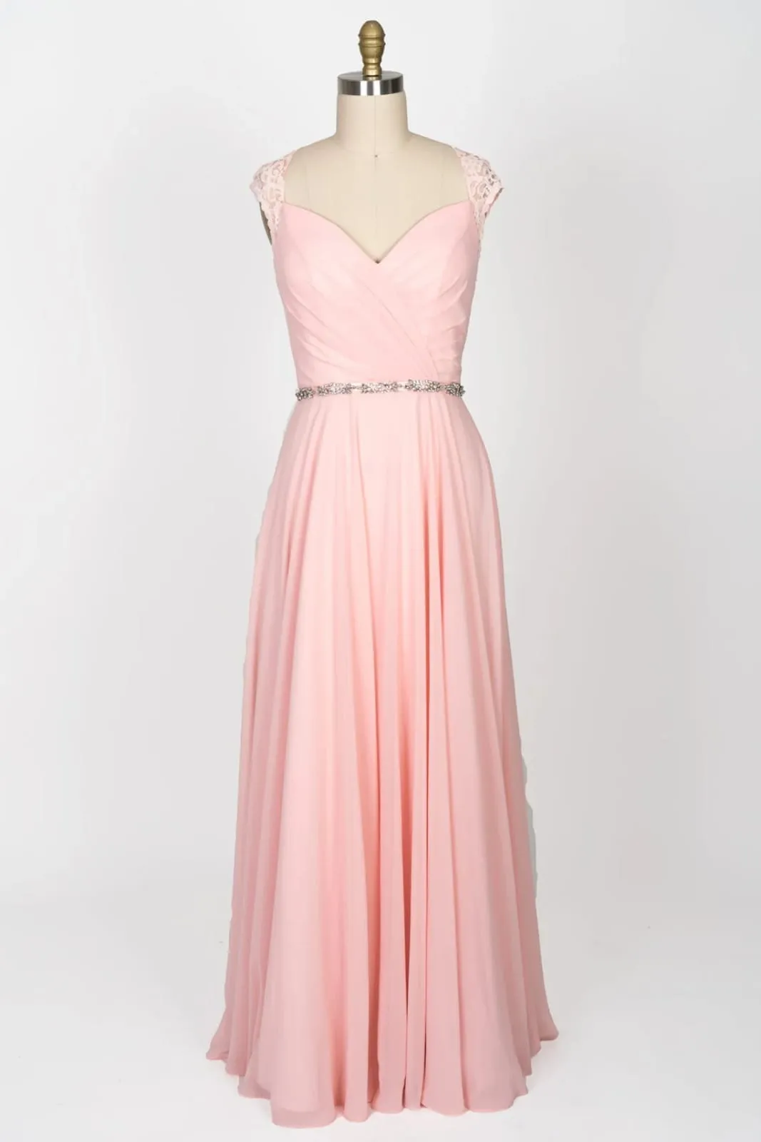 Sweetheart Lace Long Pink Chiffon Bridesmaid Dress, Beaded Belt