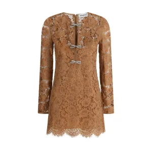 Tan Lace Bow Mini Dress