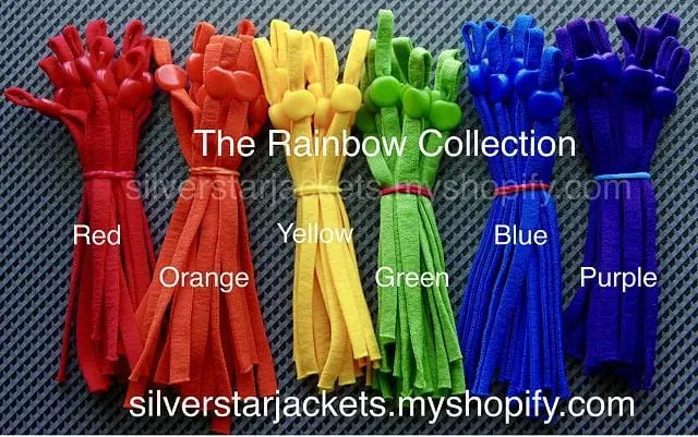 The RAINBOW Collection of colored elastic loops with silicone buckles for sewing masks. Red, Orange, Yellow, Green, Blue and Purple. Ships from Ohio.