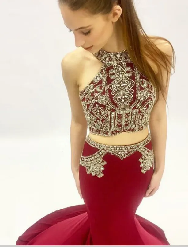 Two Piece Open Back Burgundy Prom Dress With Beading ,Cheap Prom Dresses,PDY0540