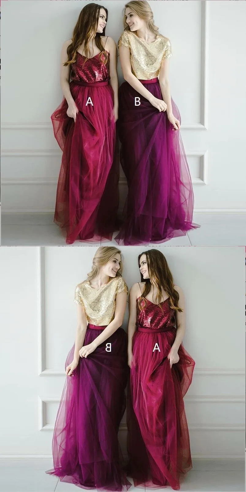 Two Pieces Tulle  Sequin Sparkly Pretty Young Spaghetti Straps Dark Red Gold Burgundy Bridesmaid Dresses, WG276