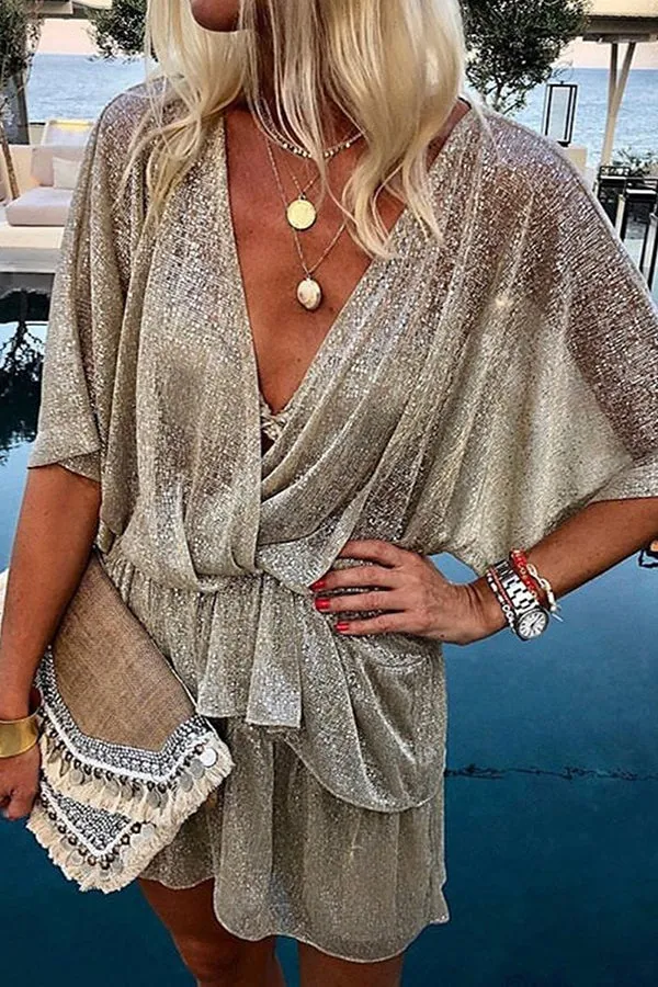 V-neck Bat Sleeve Shiny Pleated Dress