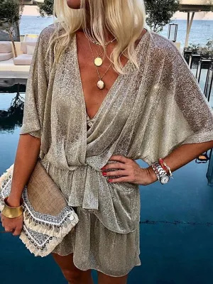 V-neck Bat Sleeve Shiny Pleated Dress