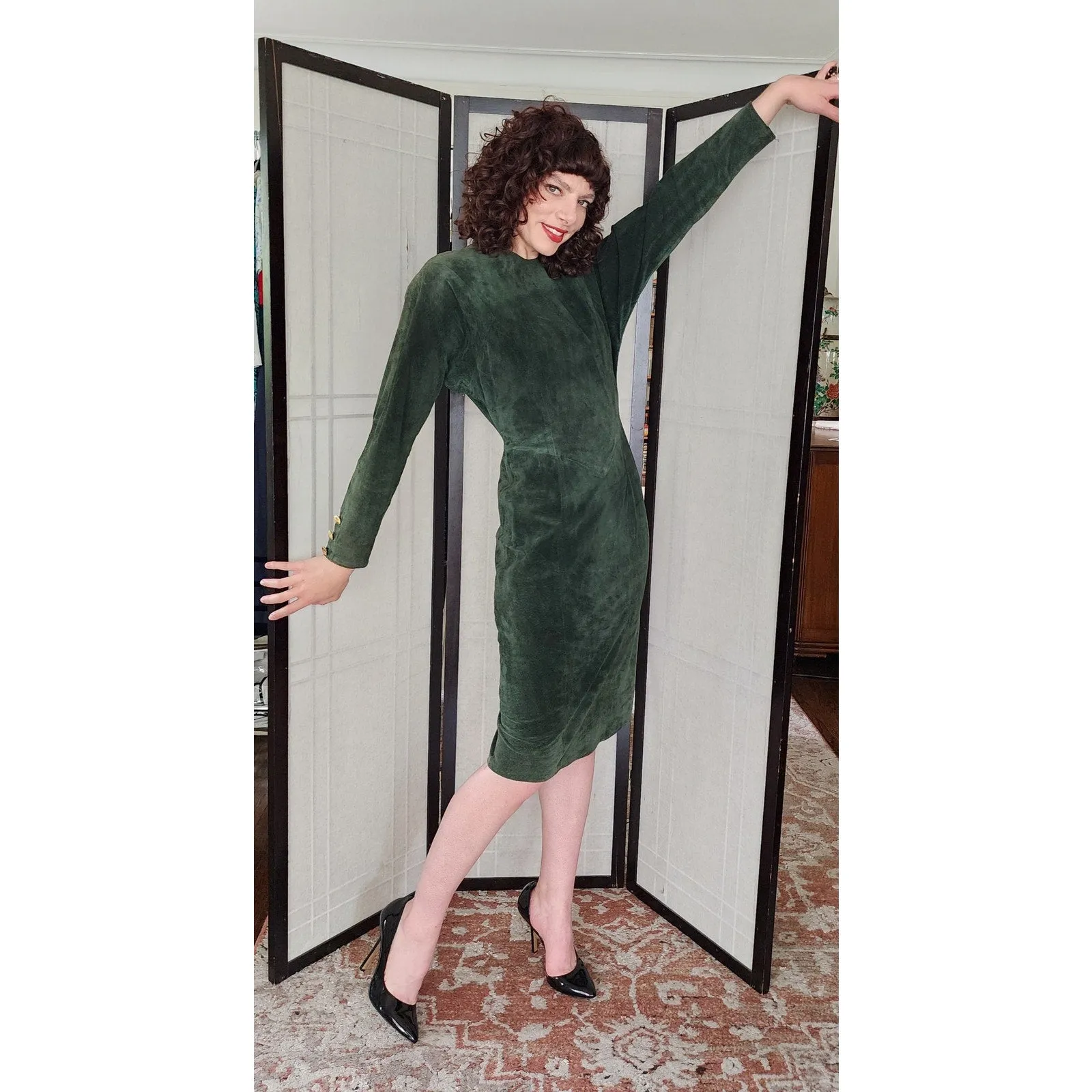 Vintage 80s Green Suede Dress Gold Button Back Firenze