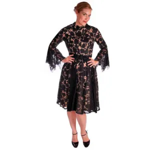 Vintage Black Burnout Nylon Chiffon Coctail Dress Drippy Sleeves 1960s