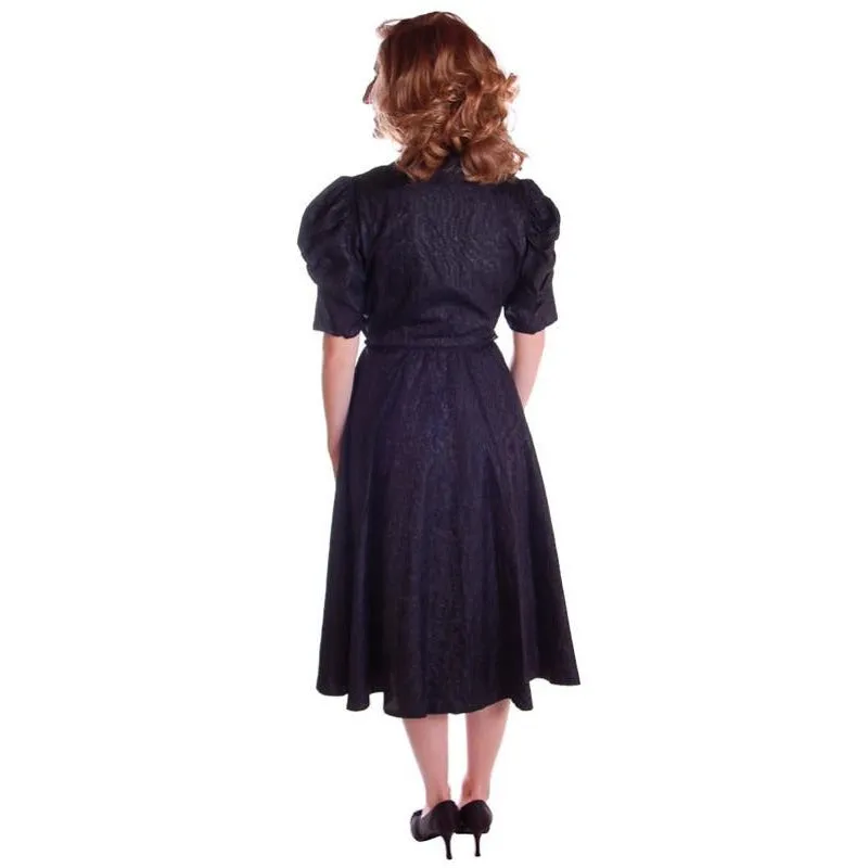Vintage Black Moiré Dress Huge Sleeves Late  1930S 36-28-FREE