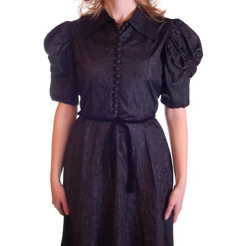 Vintage Black Moiré Dress Huge Sleeves Late  1930S 36-28-FREE