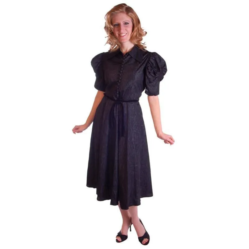 Vintage Black Moiré Dress Huge Sleeves Late  1930S 36-28-FREE