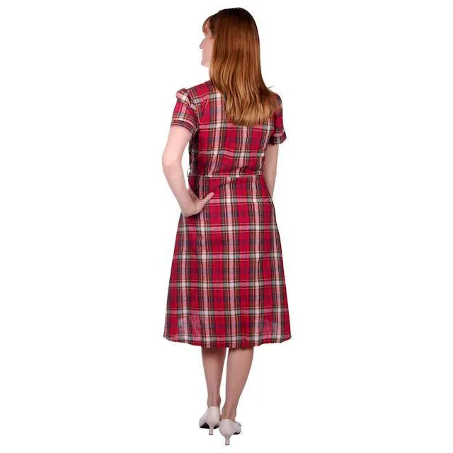 Vintage Dress Shirtdress Cotton Red/Navy Plaid 1940s Penneys 36-30-49