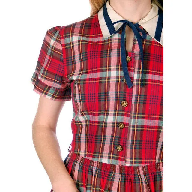 Vintage Dress Shirtdress Cotton Red/Navy Plaid 1940s Penneys 36-30-49