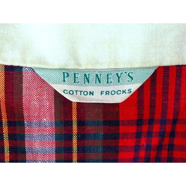 Vintage Dress Shirtdress Cotton Red/Navy Plaid 1940s Penneys 36-30-49