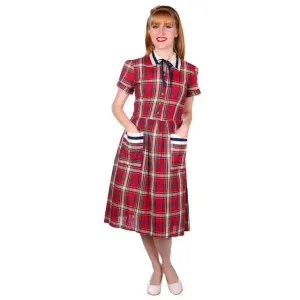 Vintage Dress Shirtdress Cotton Red/Navy Plaid 1940s Penneys 36-30-49
