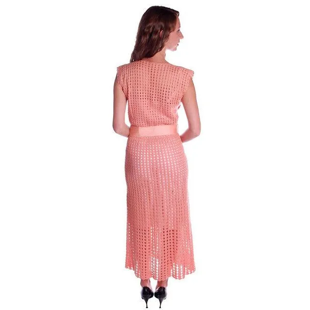 Vintage Peach Crocheted Knit Day Dress 1930s Size 6-8