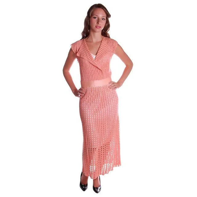 Vintage Peach Crocheted Knit Day Dress 1930s Size 6-8