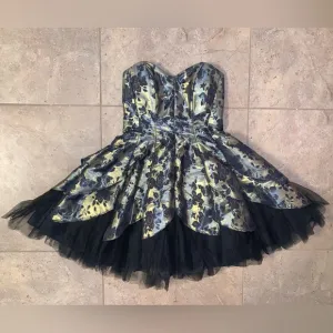 Vintage Rare Roberta Cocktail Dress Black Gold Floral Layered Skirt - Size 9/10