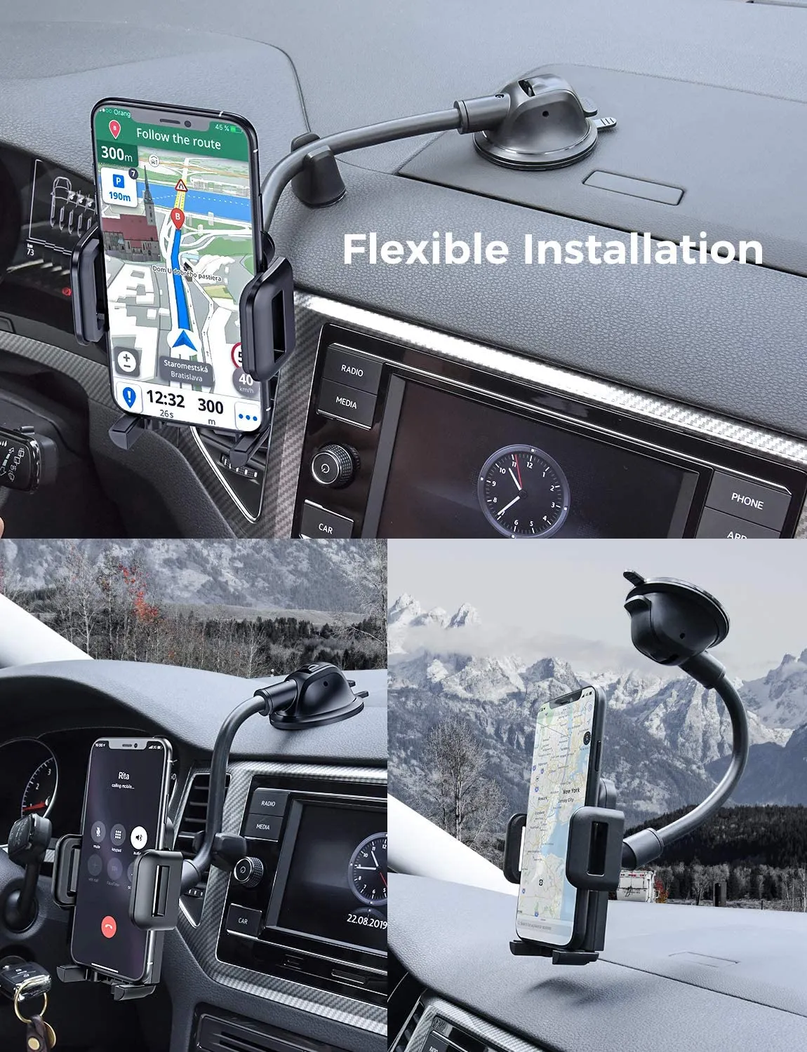 VOTED BEST DASH MOUNT FOR VLOGGERS! Mpow Car Phone Mount, Dashboard Windshield Car Phone Holder with Long Arm, Strong Sticky Gel Suction Cup, Anti-Shake Stabilizer