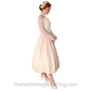 Vtg Wedding Dress Late 1940s New Look Candlelight Chantilly Lace 30-23-Free Small